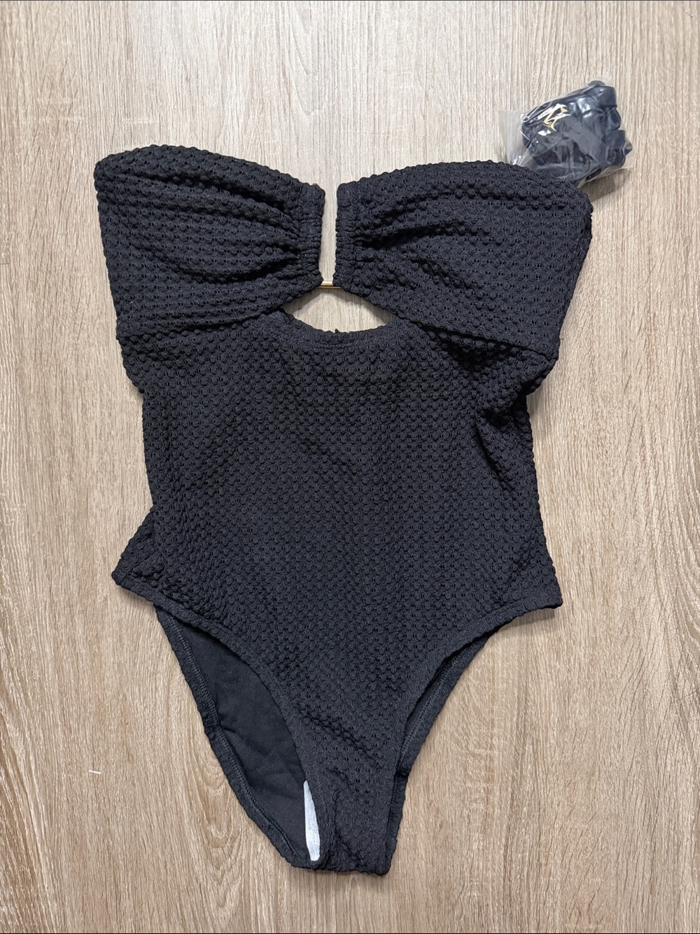 Textured Black One-Piece Swimsuit with Front Cutout